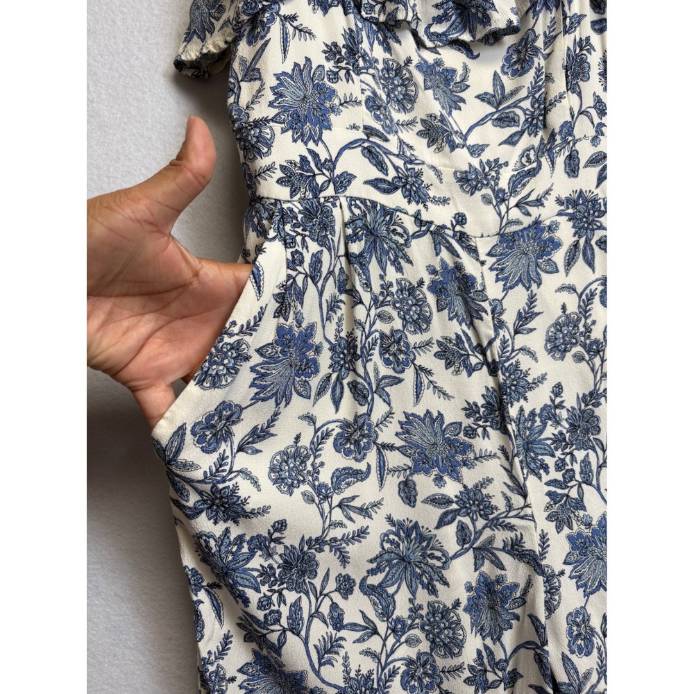 LOFT Women Blue White Floral Toile Wide Leg Ruffle Jumpsuit Size 0 Sleeveless - Picture 4 of 11